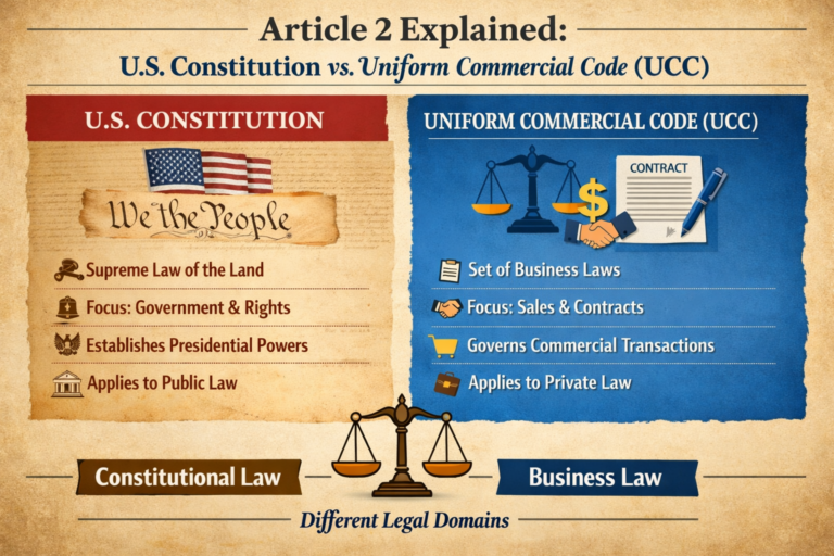 Infographic comparing the U.S. Constitution and Uniform Commercial Code (UCC) as constitutional and business law.