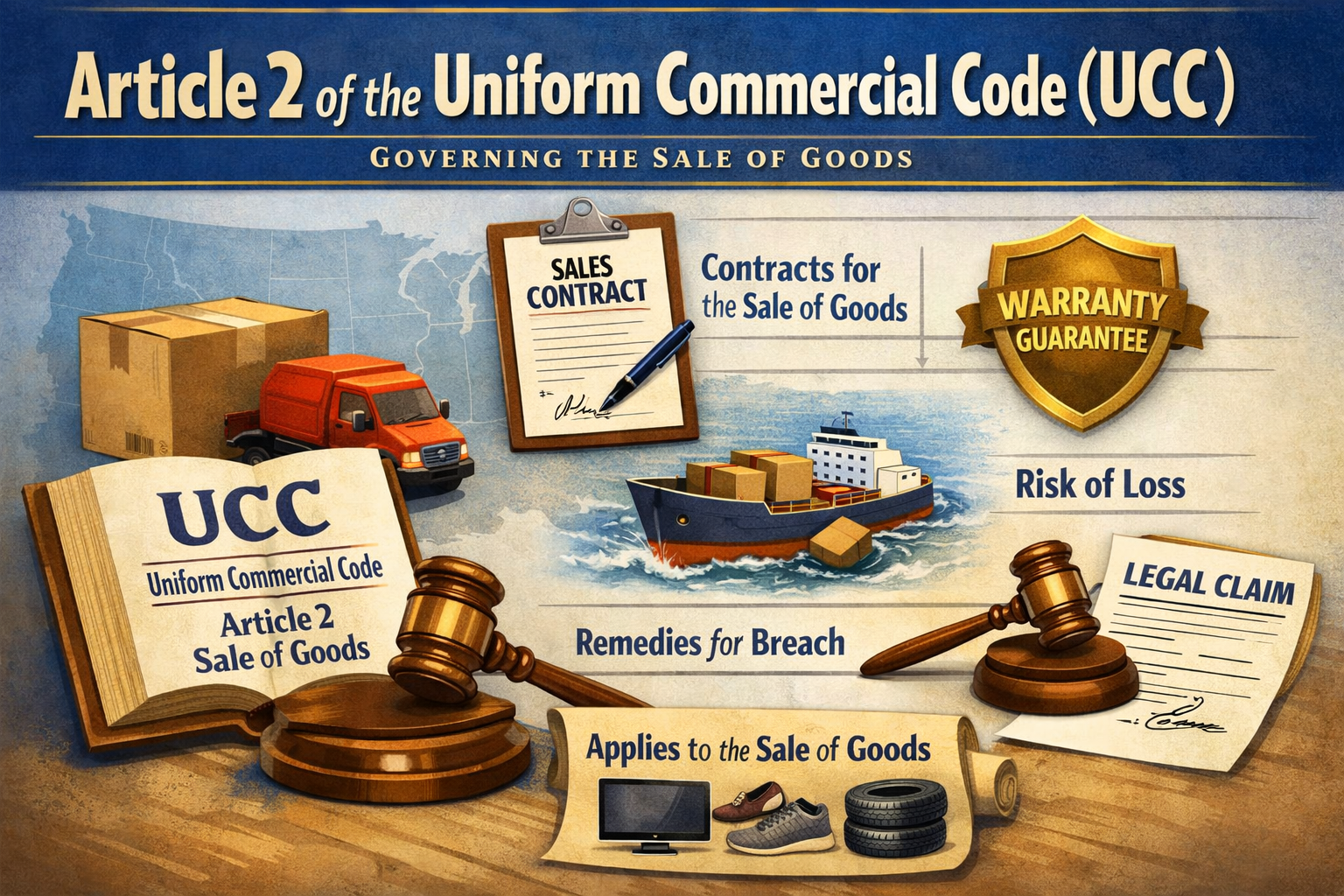 Article 2 UCC guide showing sale contracts, warranties, risk of loss, and remedies for breach.