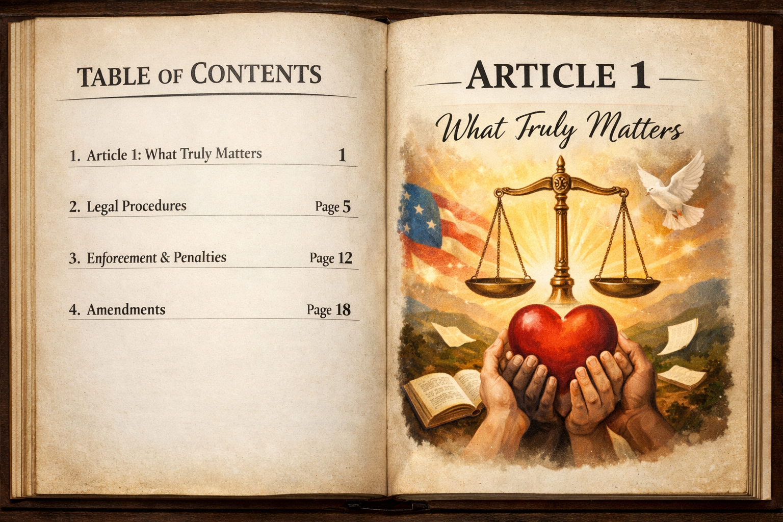 Open book illustrating Article 1’s power with scales of justice, a heart, dove, and American flag.