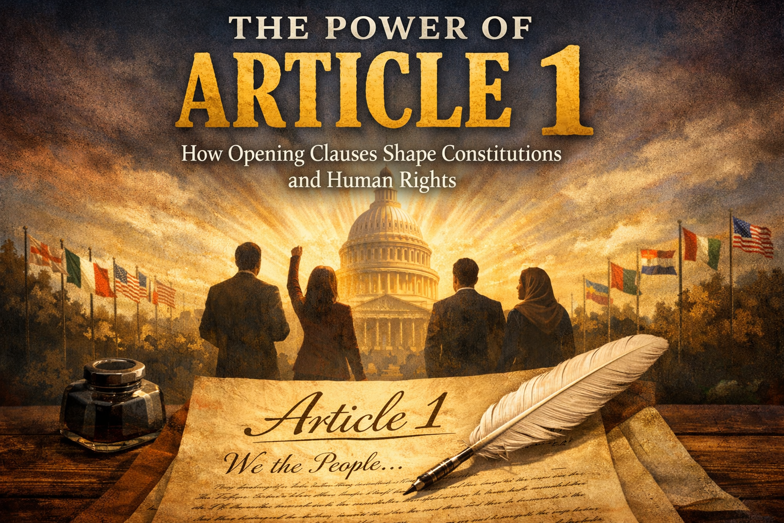 The Power of Article 1 illustrated with a quill, parchment, U.S. Capitol, flags, and human rights symbolism.